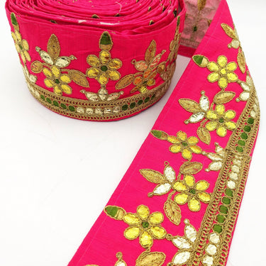 Radical Red Art Silk Fabric Trim, Green & Gold Floral Embroidery Gota Patti Indian Sari Border Trim By Yard Decorative Trim Craft Lace